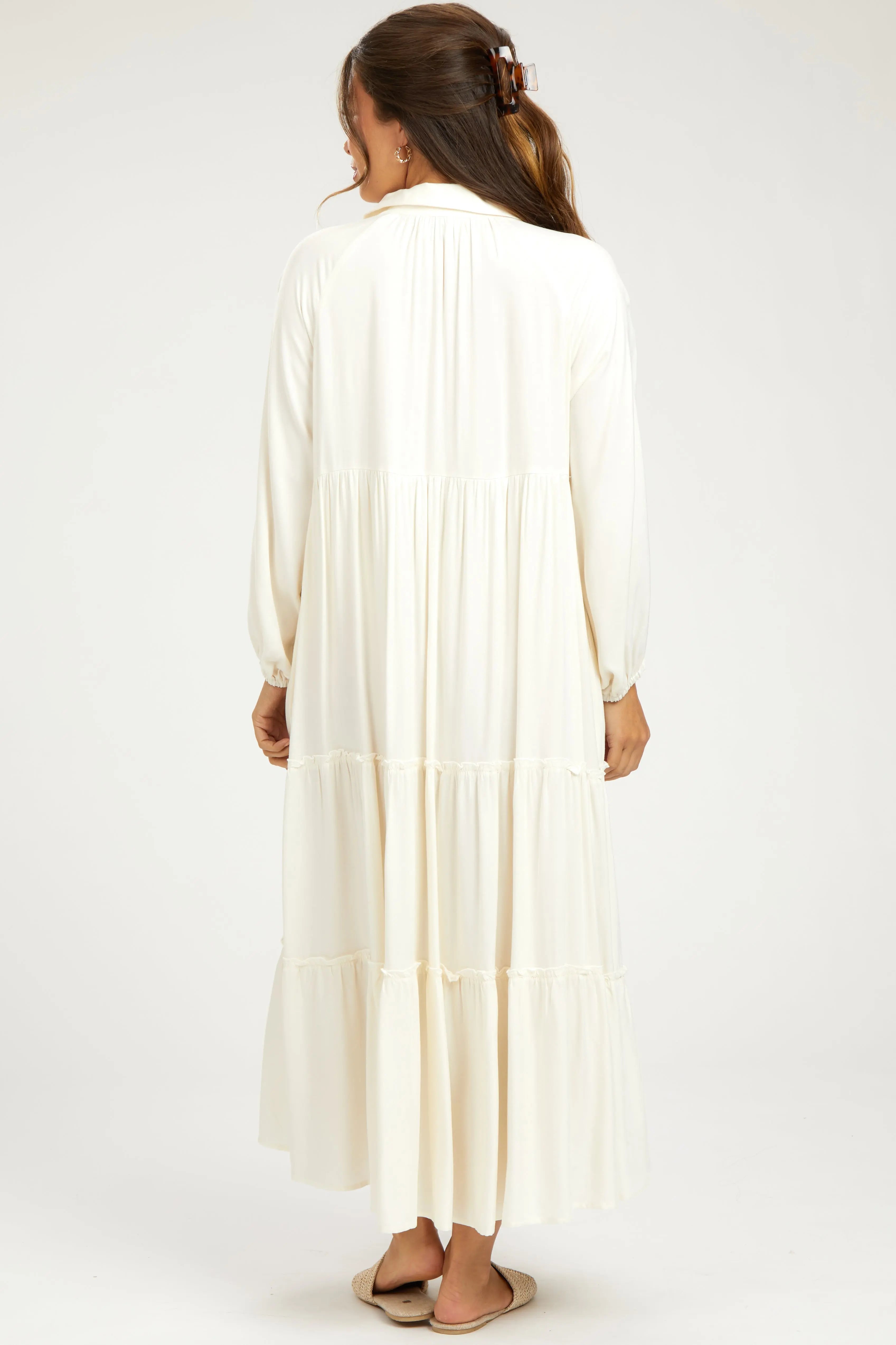 Ivory Button Front V-Neck Ruffle Tiered Maternity Midi Dress PinkBlush