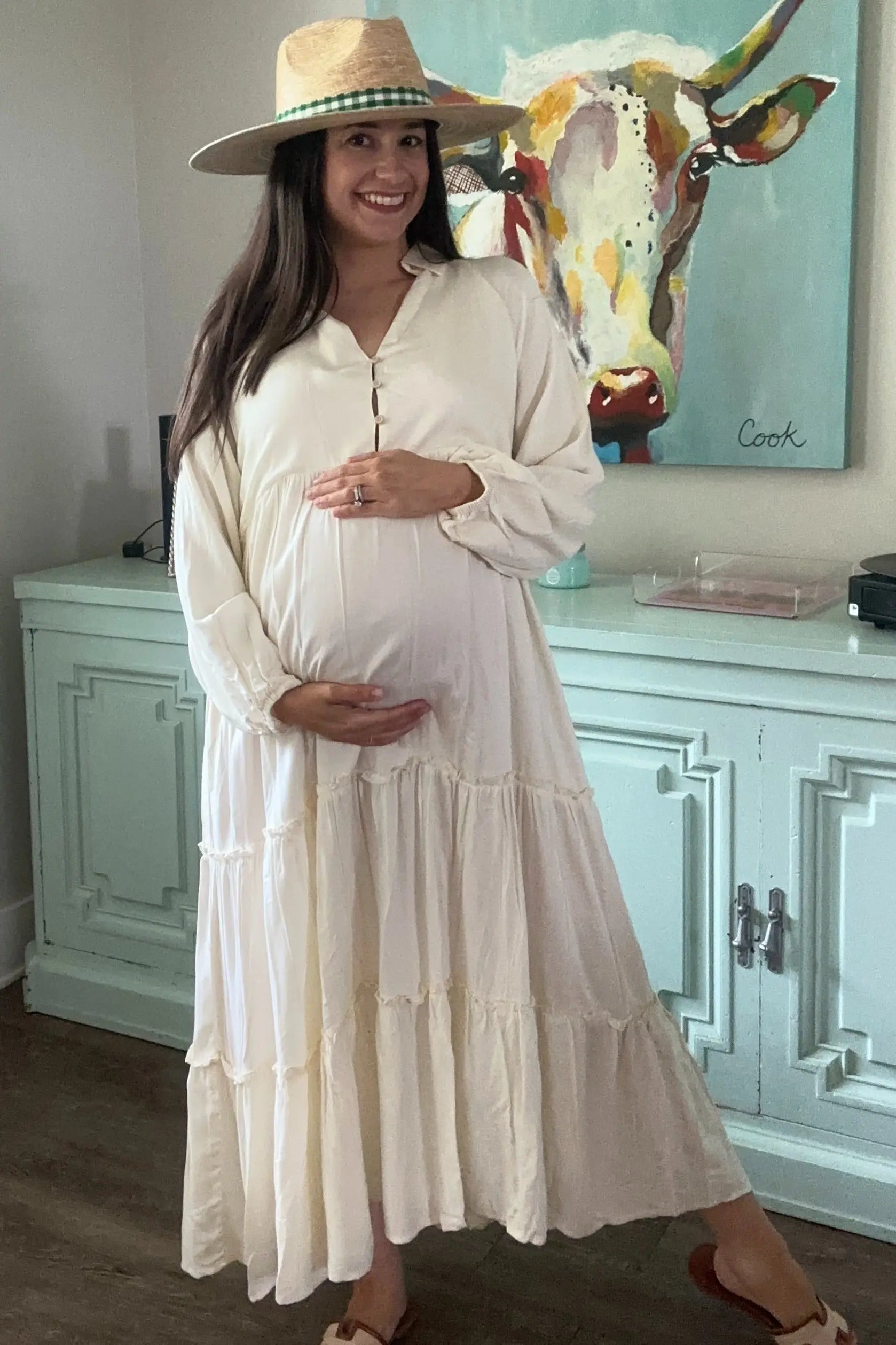 Ivory Button Front V-Neck Ruffle Tiered Maternity Midi Dress PinkBlush