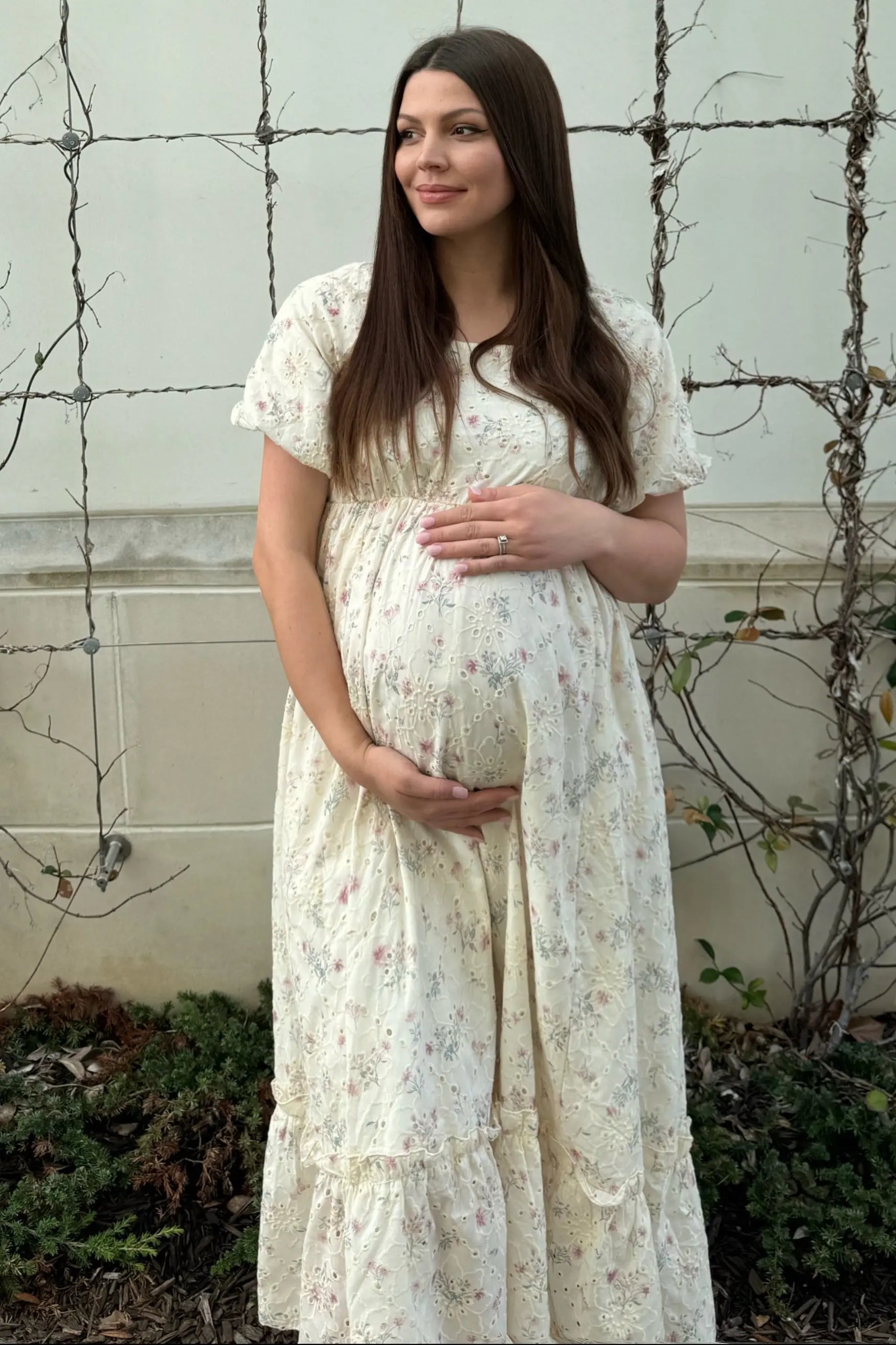 Ivory Button Front V-Neck Ruffle Tiered Maternity Midi Dress PinkBlush