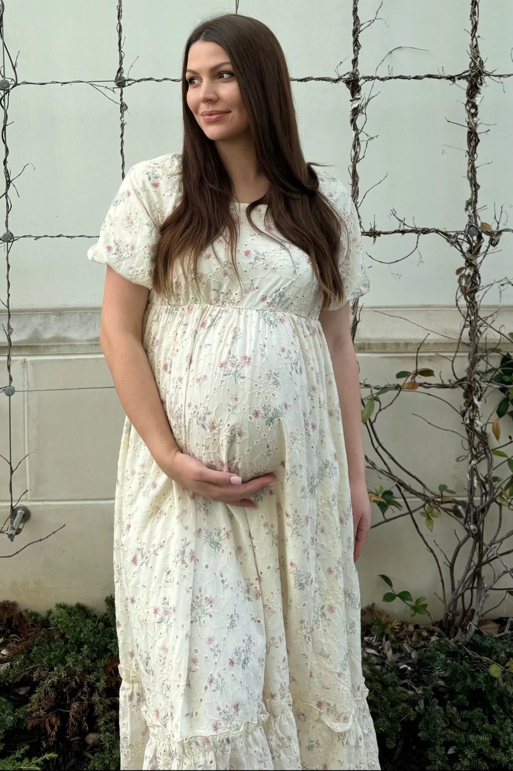 Ivory Button Front V-Neck Ruffle Tiered Maternity Midi Dress PinkBlush