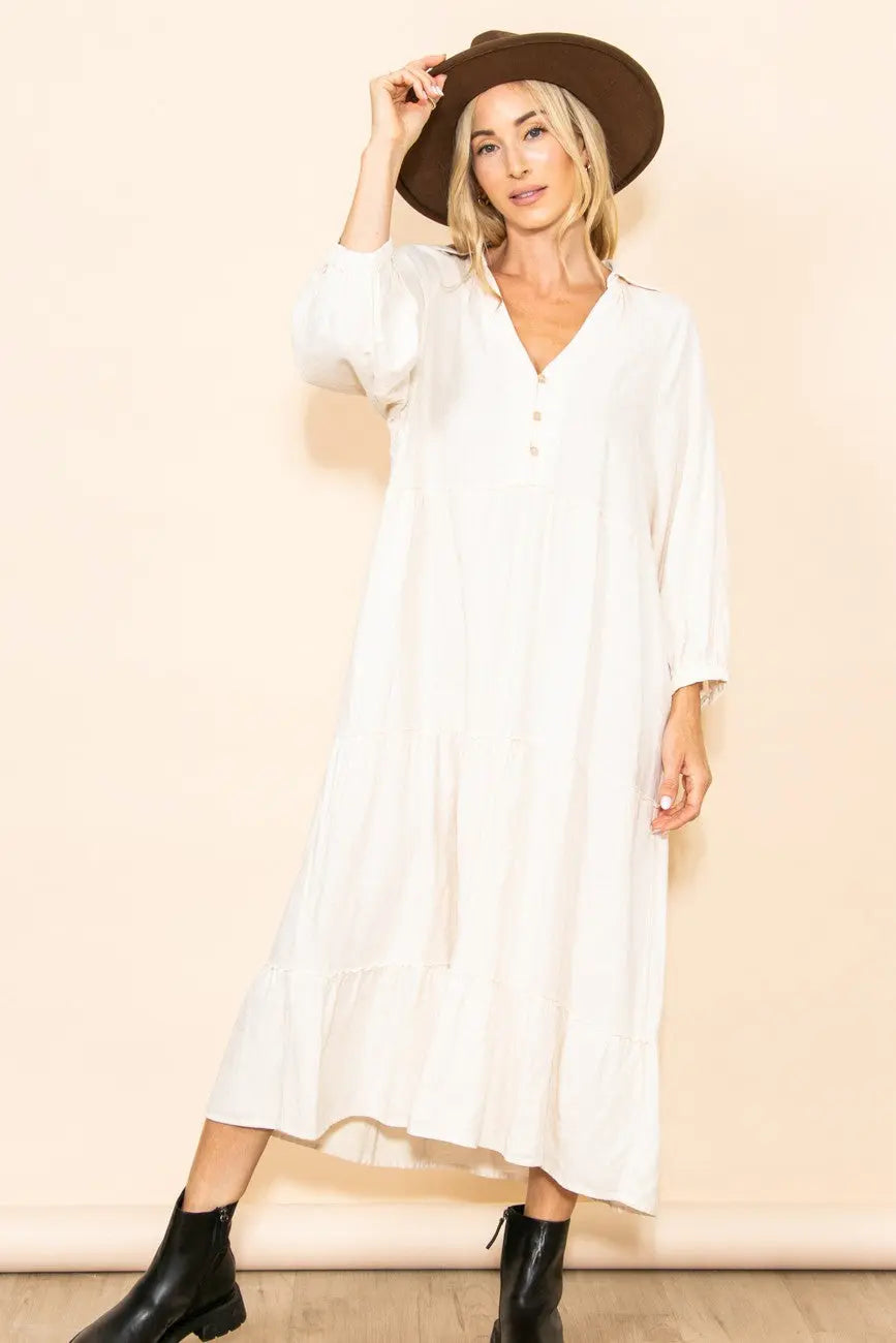 Ivory Button Front V-Neck Ruffle Tiered Maternity Midi Dress PinkBlush