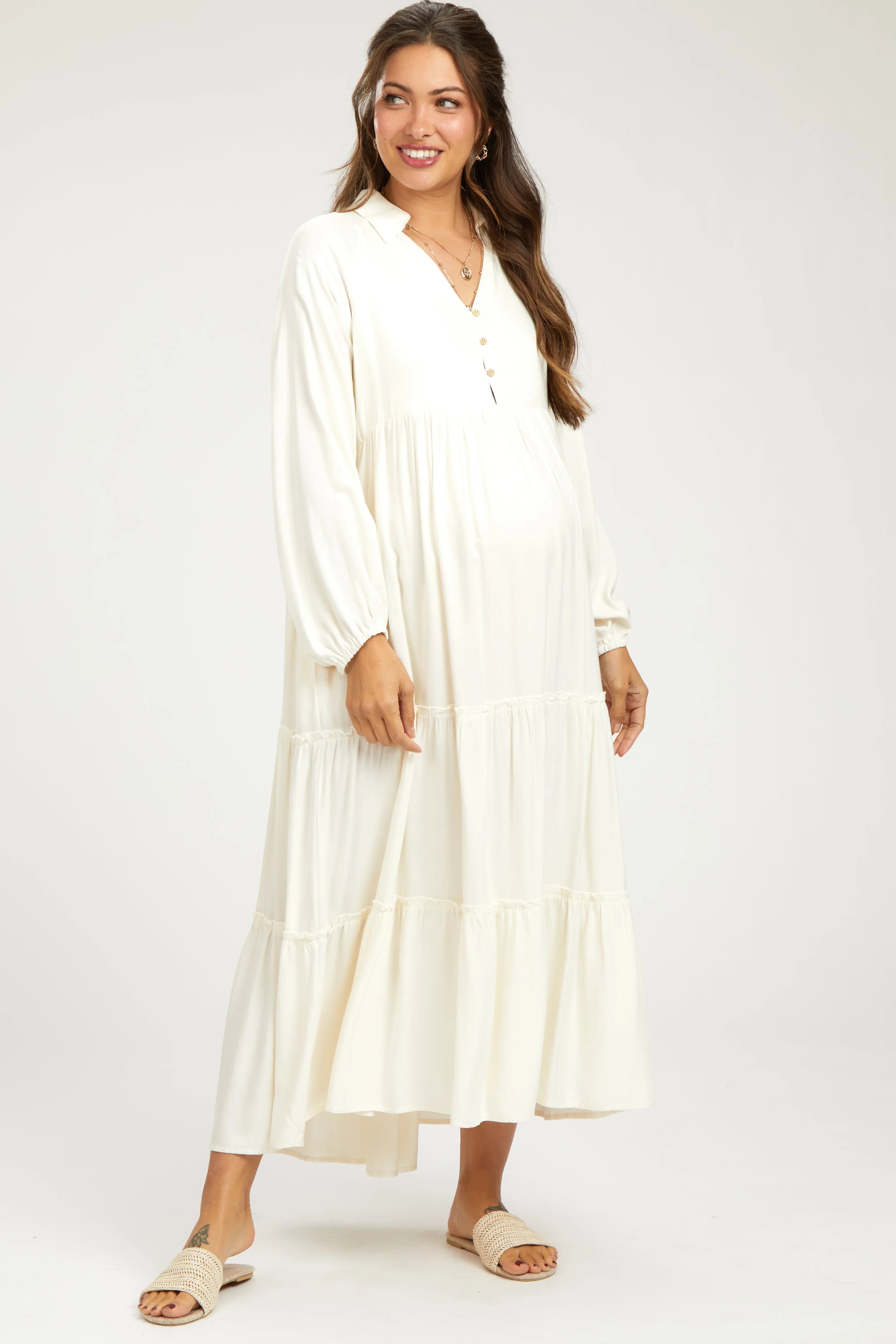 Ivory Button Front V-Neck Ruffle Tiered Maternity Midi Dress PinkBlush