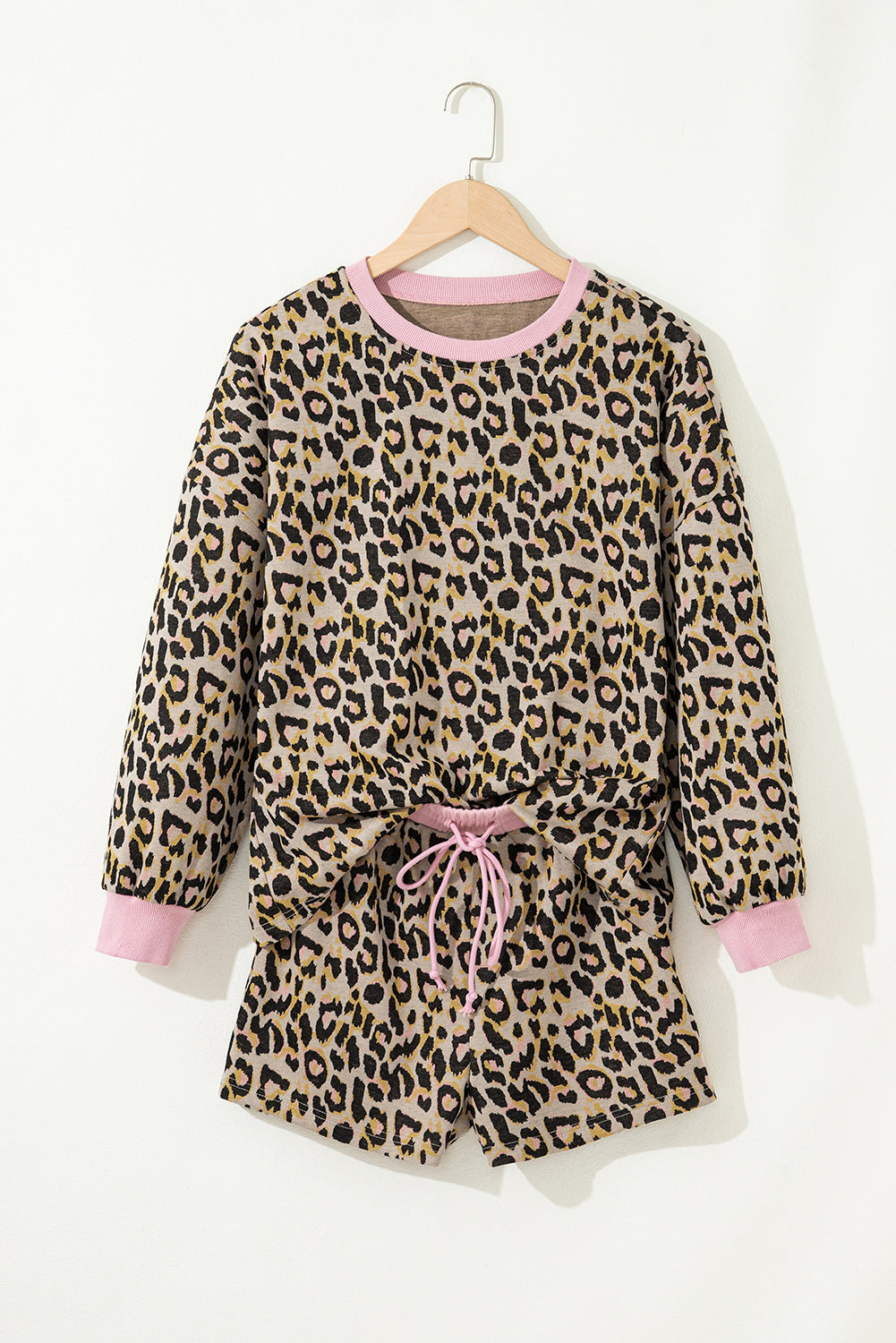 Pink Leopard Print Contrast Edge Long Sleeve Pullover And Shorts Set For Women Cozy Loungewear Dear-Lover Dropshipping