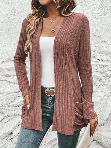 Ribbed Open Front Cardigan with Pockets.