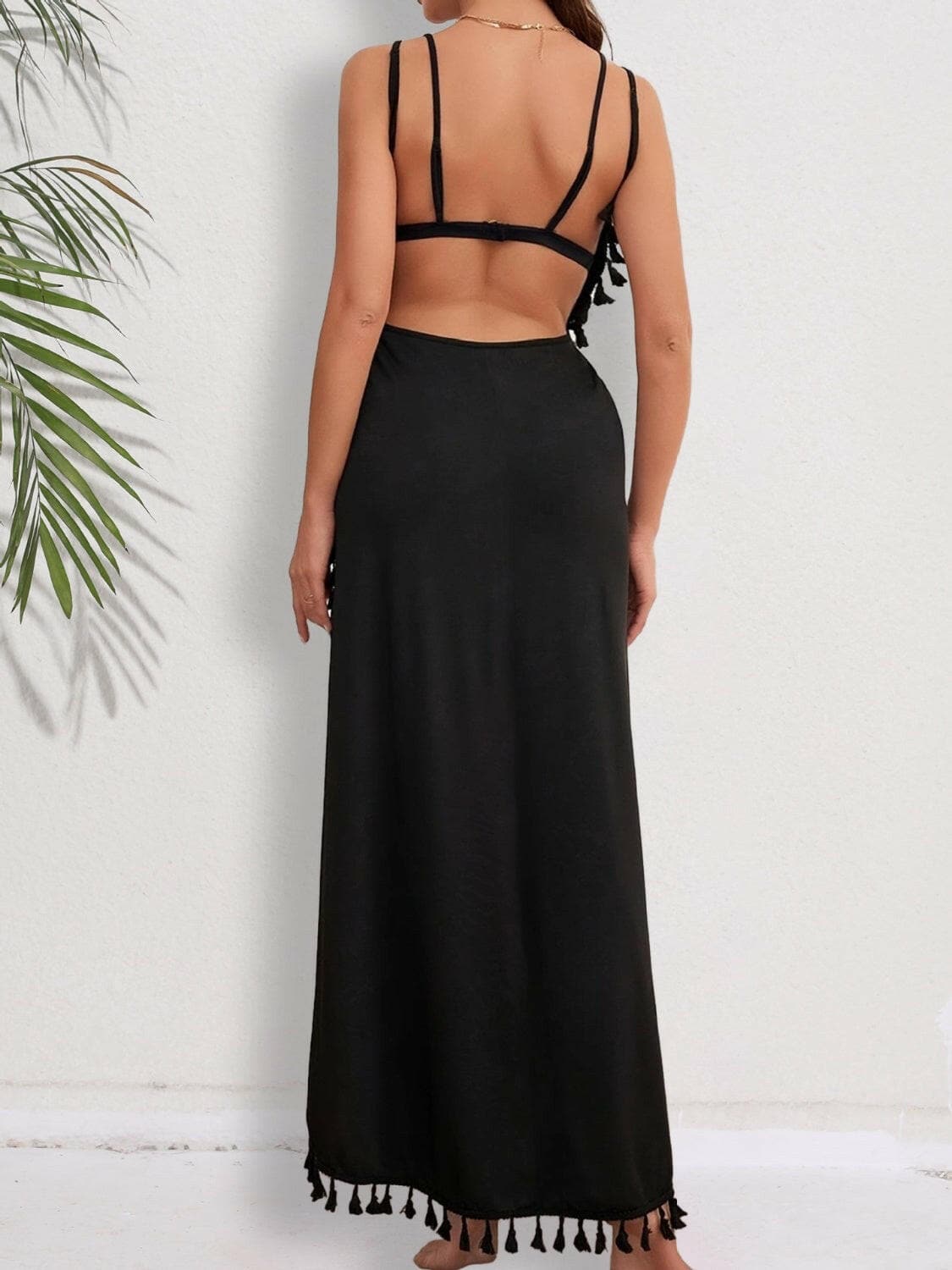 Backless Tassel Surplice Spaghetti Strap Cover Up Dress.