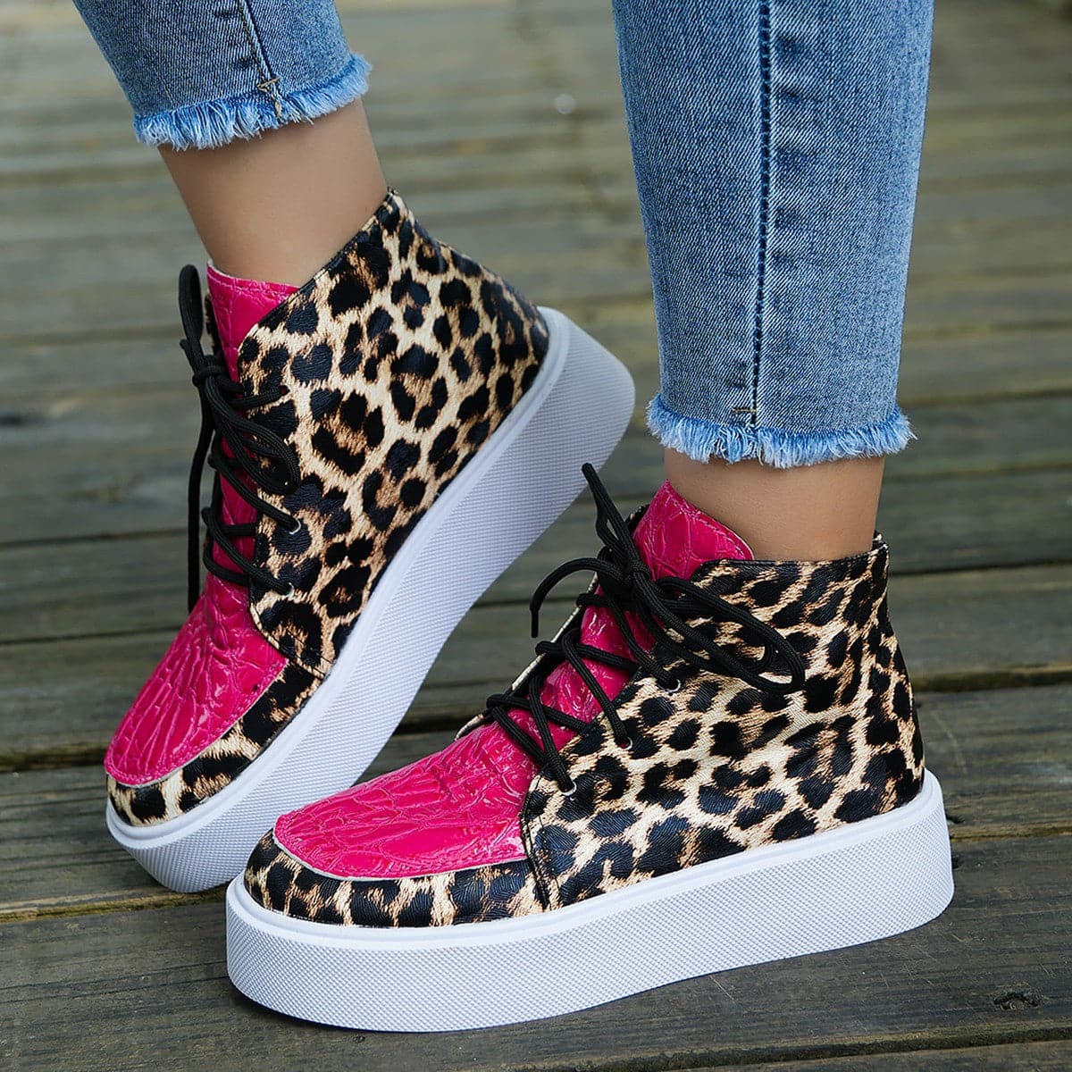 PU Leather Leopard Platform Sneakers.