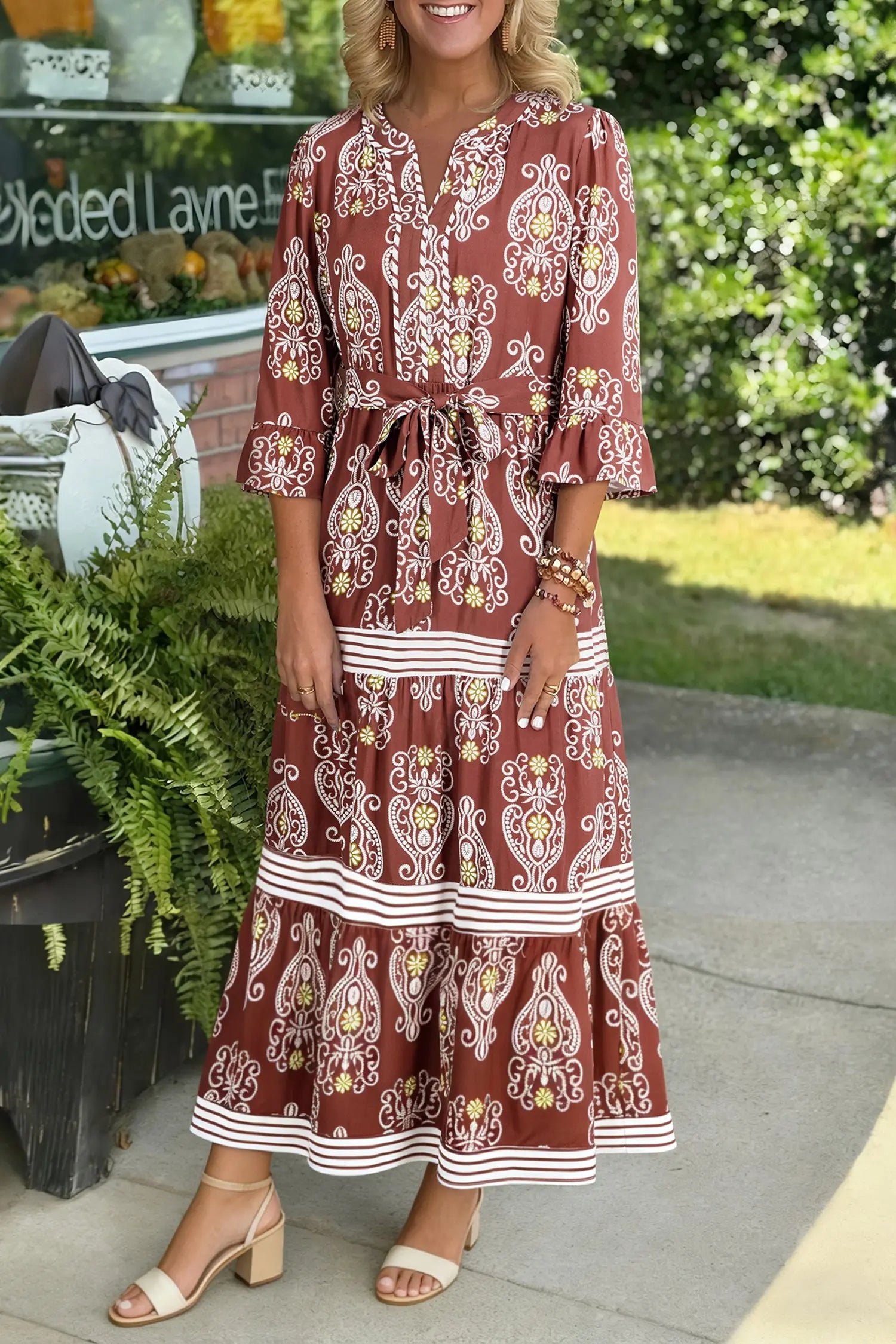 Brown Floral Print Belted Tiered Maxi Dress With Striped Trim Dear-Lover Dropshipping