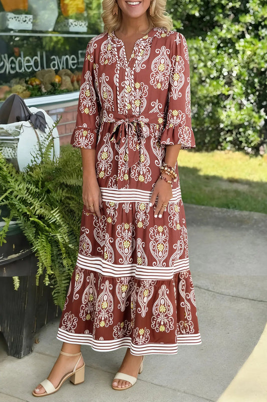 Brown Floral Print Belted Tiered Maxi Dress With Striped Trim Dear-Lover Dropshipping