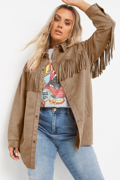 Chic khaki fringe plus size suede shacket for a stylish wardrobe update