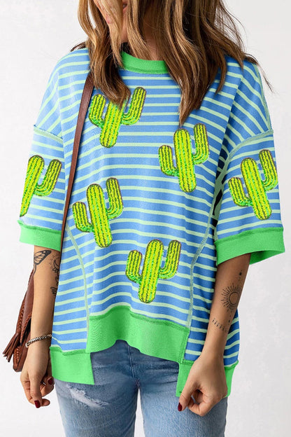 Cactus striped round neck half sleeve tee with sequin details.