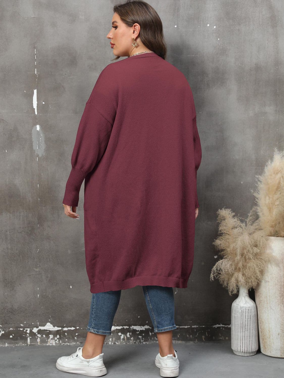 Plus Size Long Sleeve Pocketed Cardigan.