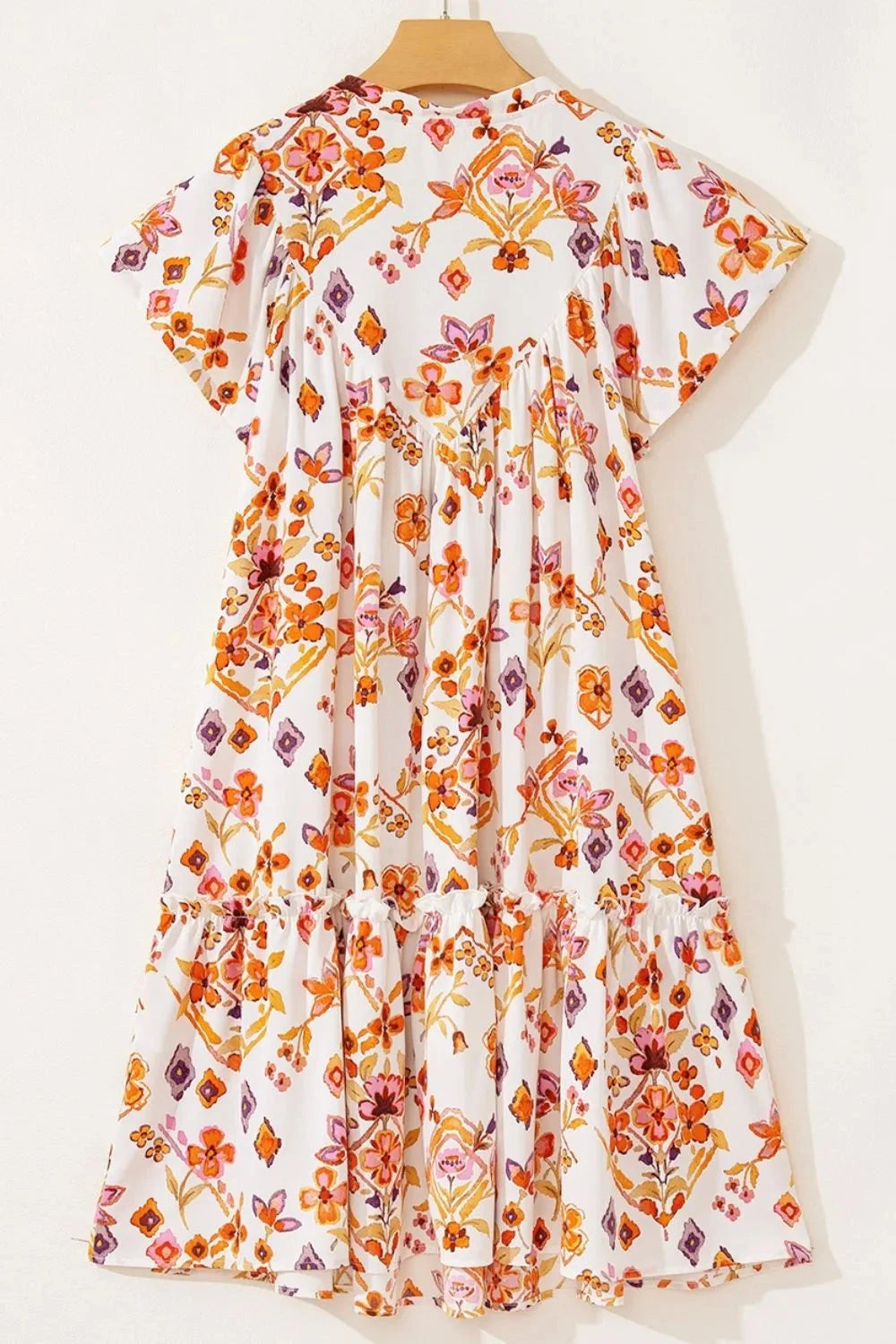 Printed Tie Neck Cap Sleeve Mini Dress Simply Love