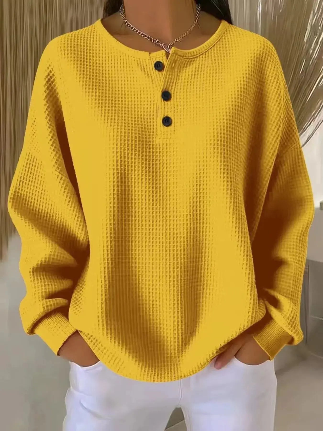 Full Size Casual Waffle Knit Button Detail Pullover Plus Size Simply Love