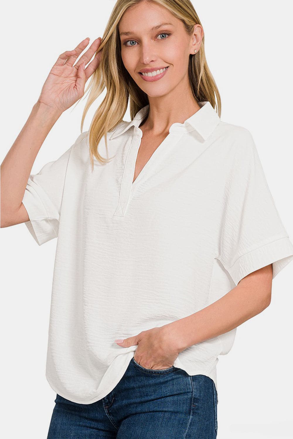 Zenana Texture Collared Neck Short Sleeve Top.