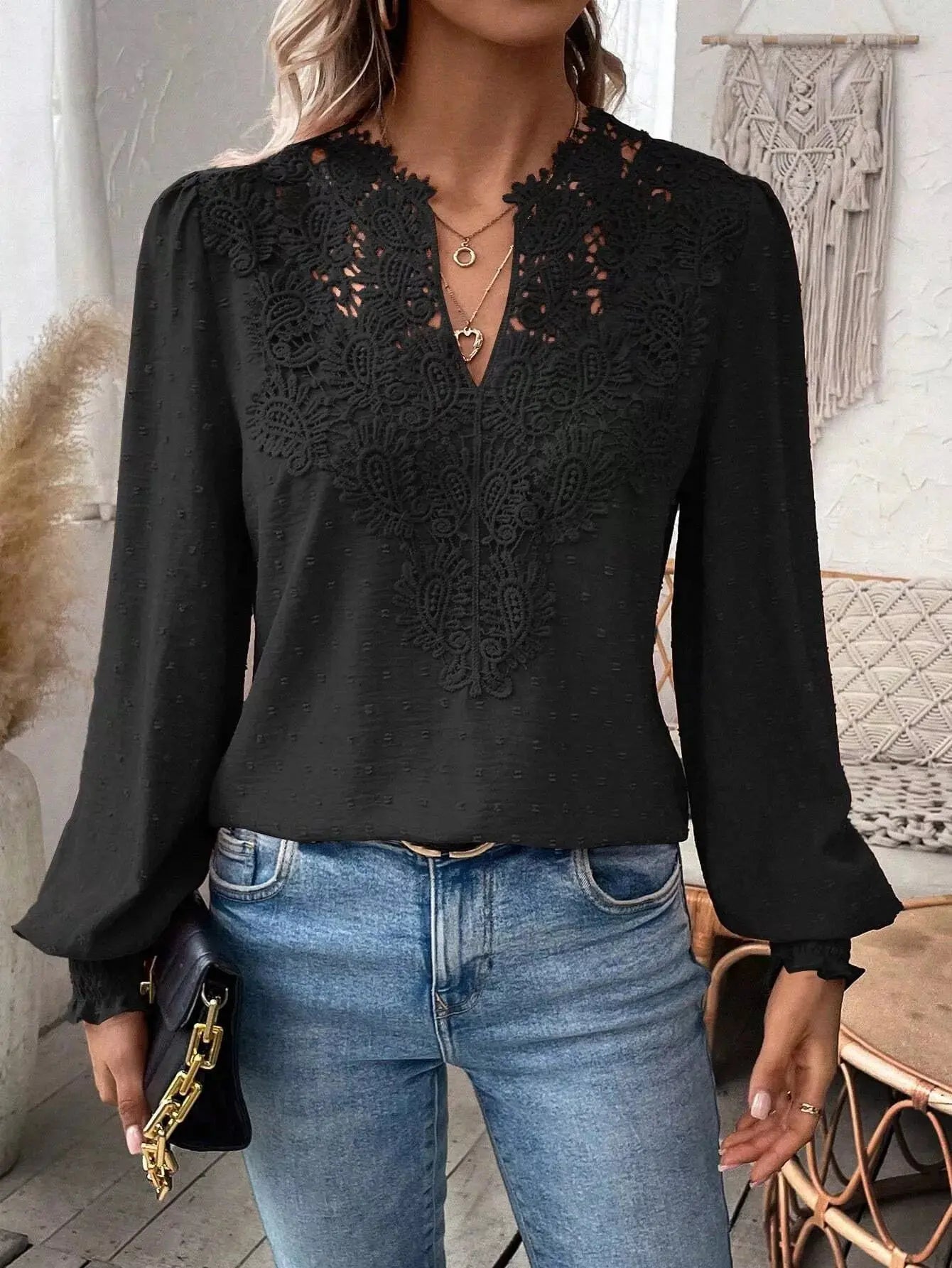 Lace Trim Long Sleeve Blouse Simply Love