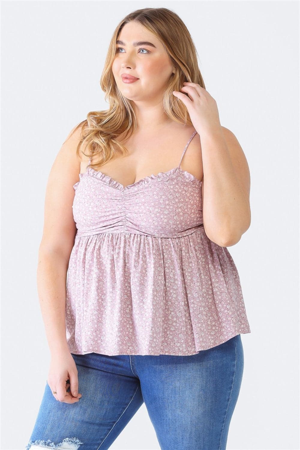 Zenobia Plus Size Frill Smocked Floral Sweetheart Neck Cami.