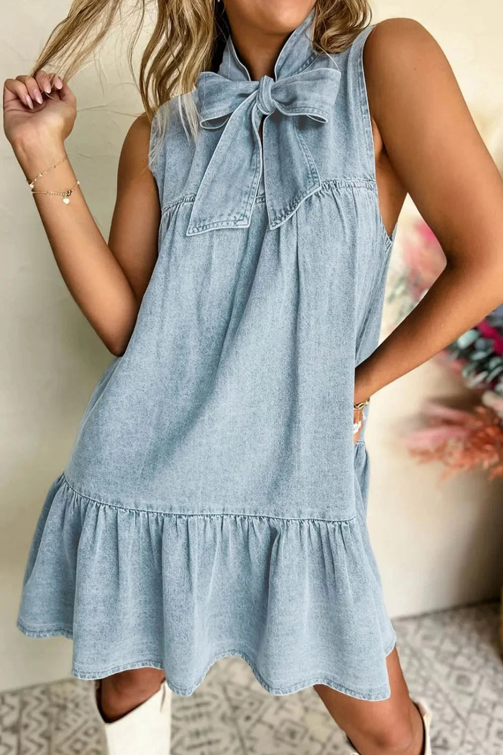 Tie Neck Sleeveless Denim Dress Simply Love