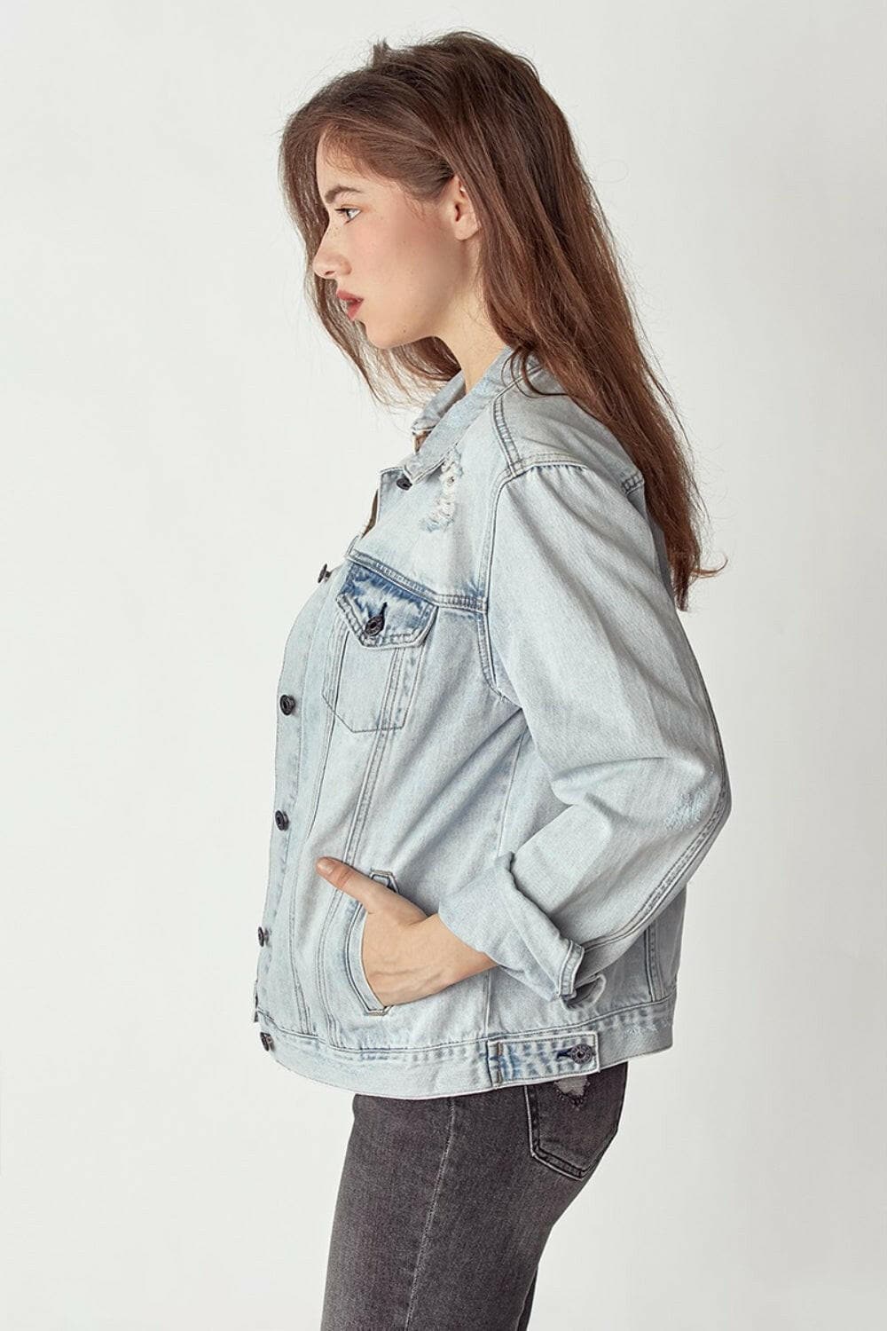 RISEN Distressed Button Up Jacket.