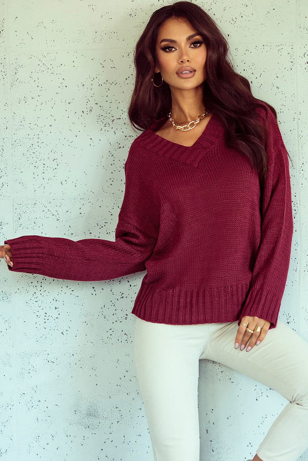 V-Neck Dropped Shoulder Sweater.