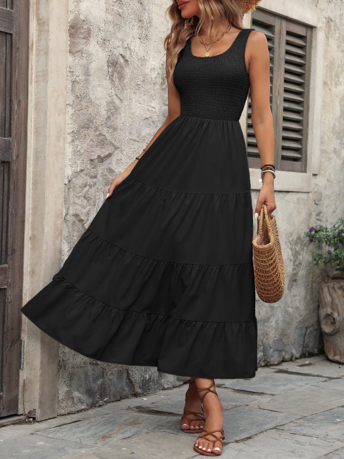 Smocked Scoop Neck Sleeveless Tank Dress.