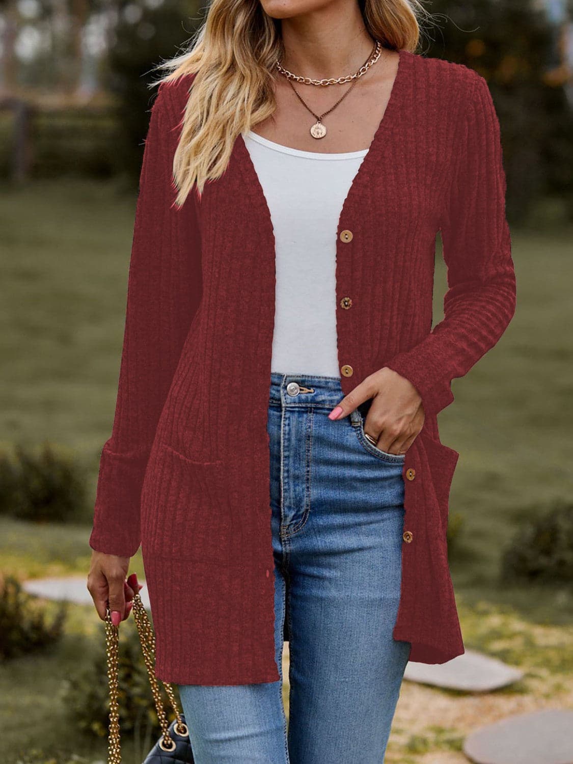 Ribbed Button Up Long Sleeve Cardigan.