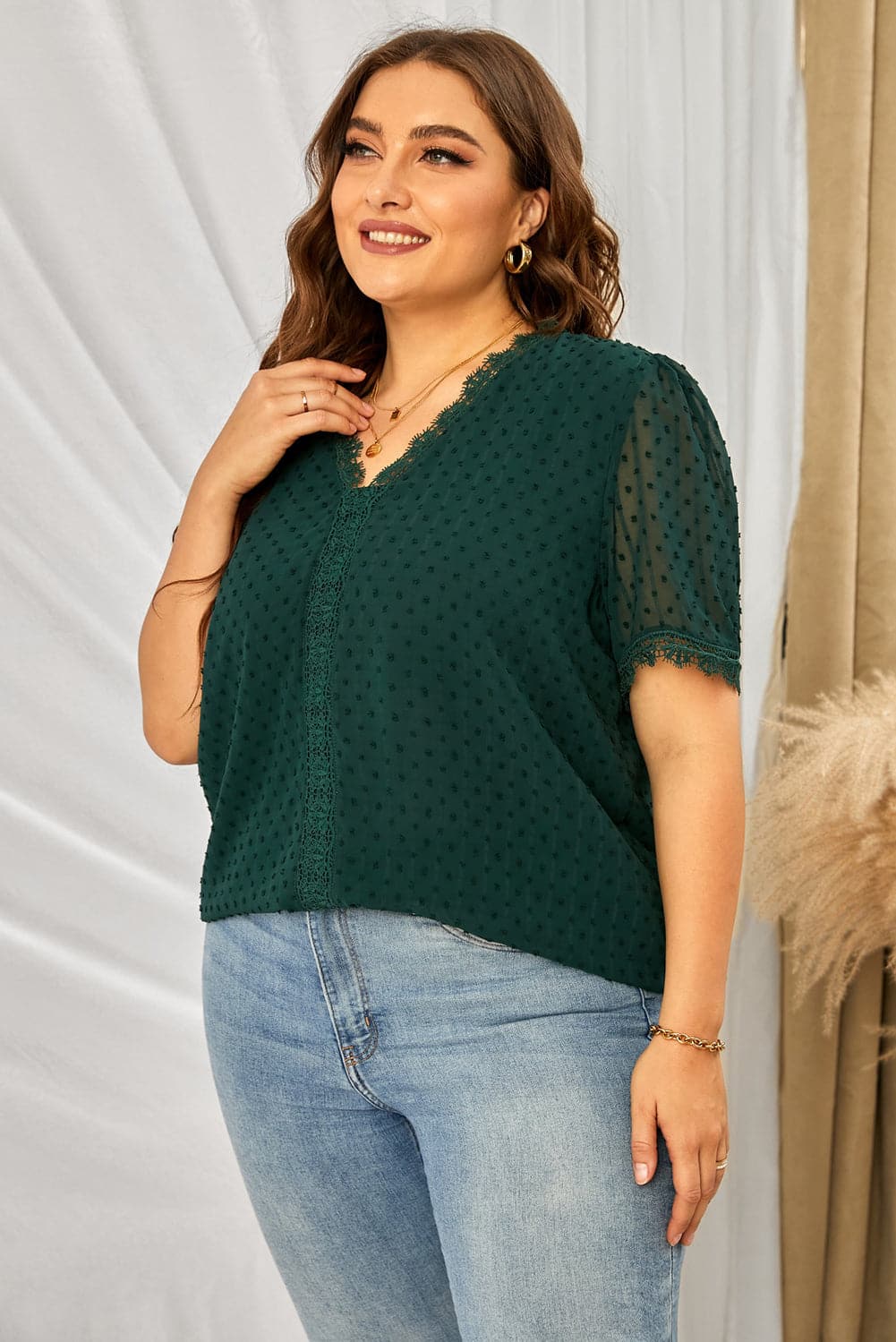 Plus Size Swiss Dot Spliced Lace V-Neck Blouse.