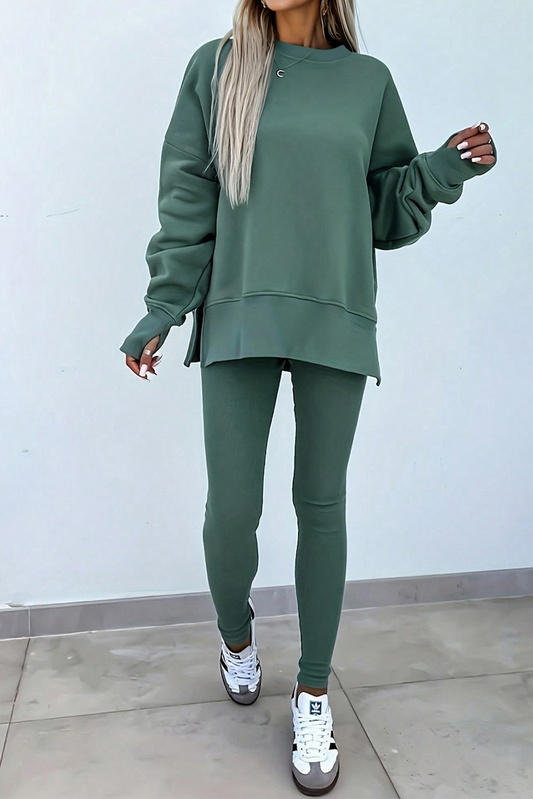 Green Bay Solid Color Oversized Slit Sweatshirt Leggings 2pc Dear-Lover Dropshipping