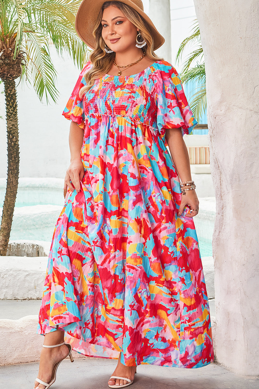 Rose Abstract Printed Puff Sleeve Square Neck Plus Size Dress With Smocked Bust Dear-Lover Dropshipping
