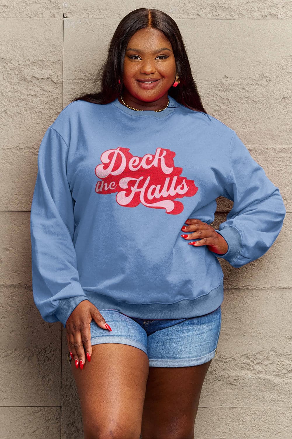 Simply Love Full Size DECK THE HALLS Graphic Sweatshirt.