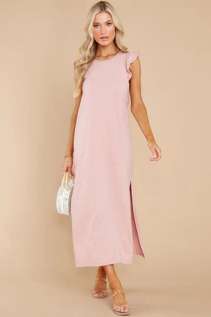 Ruffled Slit Round Neck Cap Sleeve Dress.