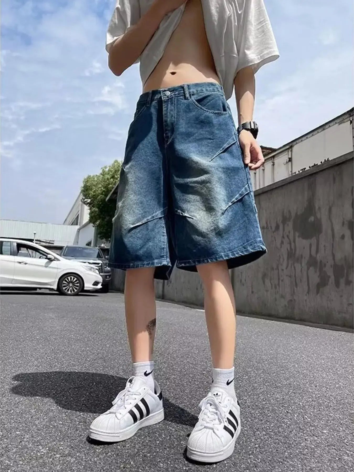 Men's Full Size Vintage Wash Wide-Leg Denim Shorts Plus Size Simply Love
