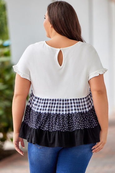 Plus Size Plaid Color Block Tiered Blouse.