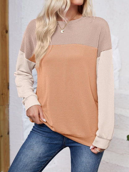 Color Block Round Neck Long Sleeve Sweatshirt.