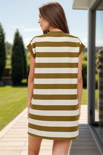 Striped Round Neck Cap Sleeve Mini Dress.