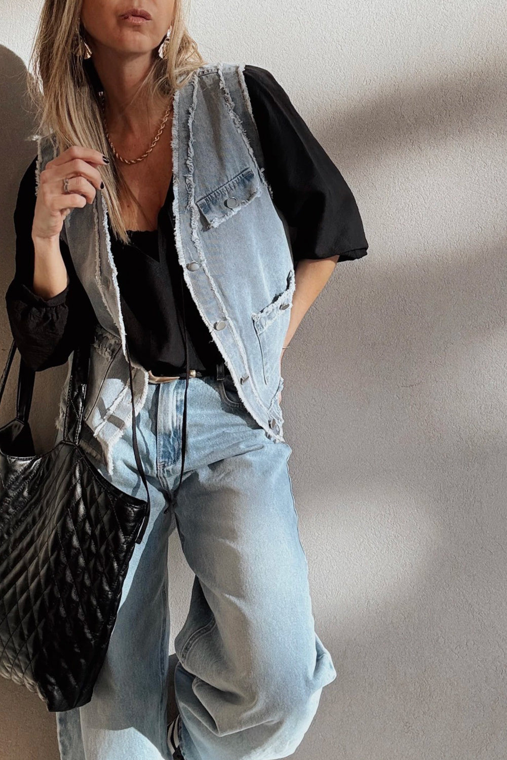 Beau Blue Frayed Edge Denim Vest Jacket With Flap Pockets For Casual Streetwear Essentials Dear-Lover Dropshipping