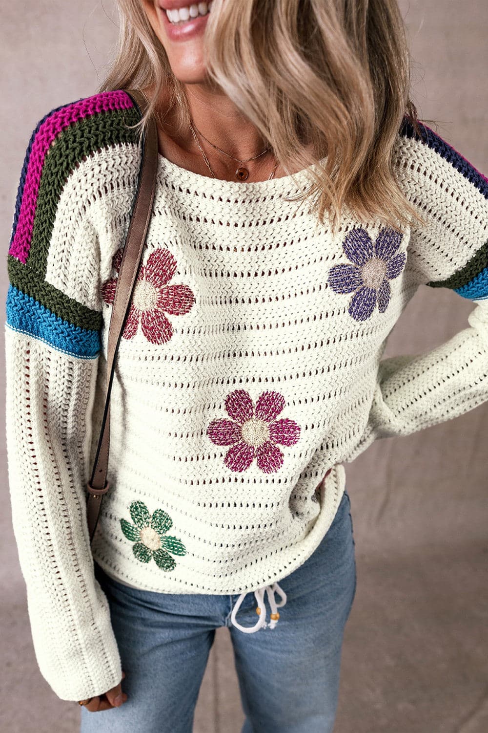 Flower Round Neck Long Sleeve Sweater.