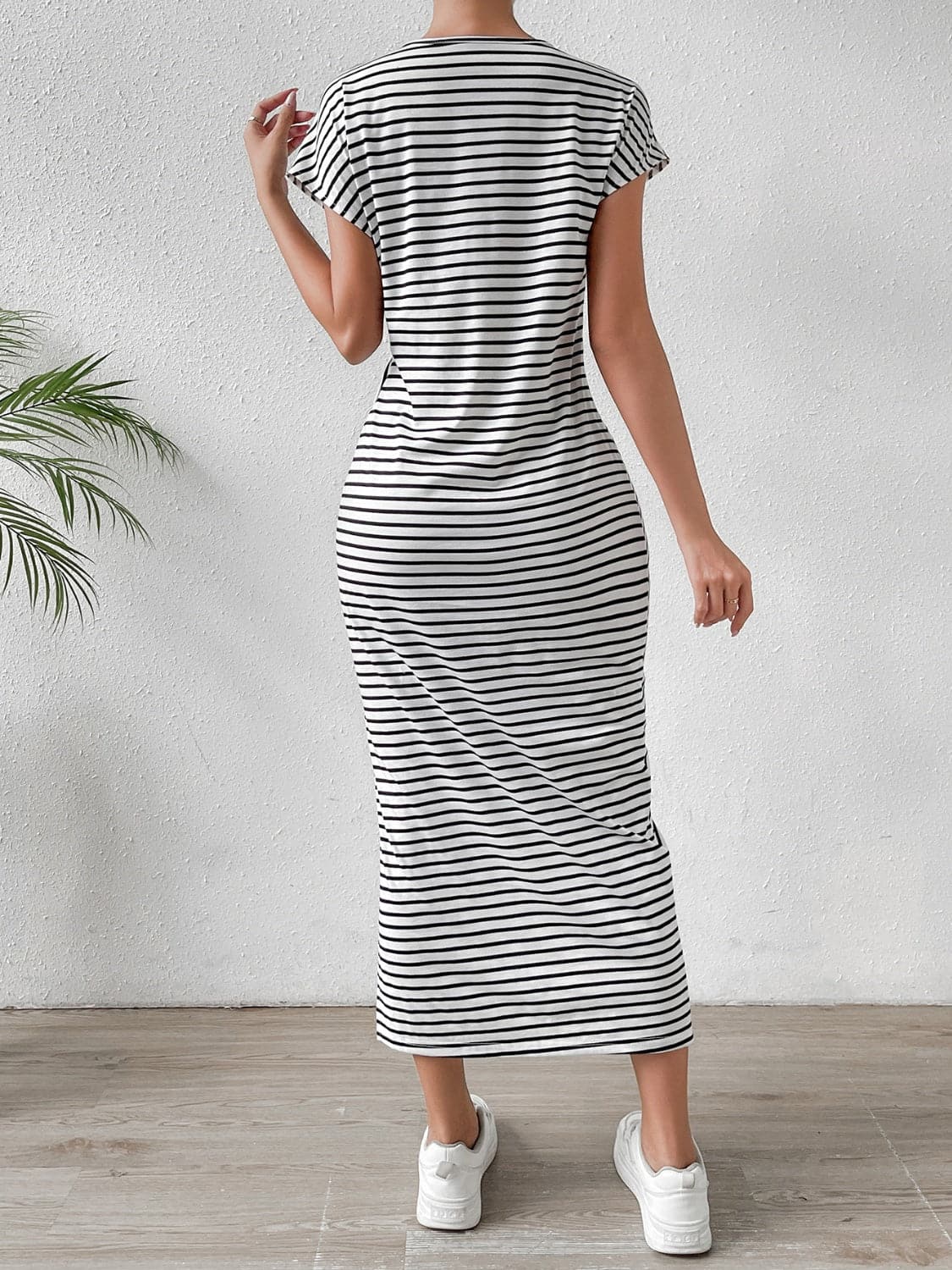 Tied Striped Round Neck Short Sleeve Tee Dress.