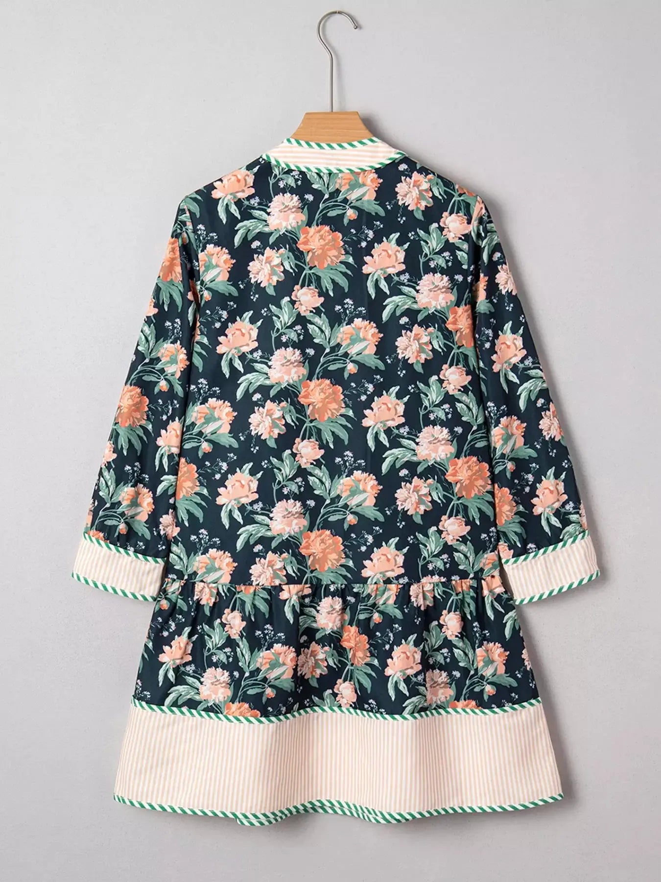 Floral Print Striped Trim V Neck Long Sleeve Ruffle Hem Shift Mini Dress Simply Love