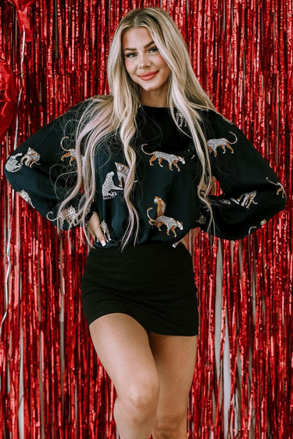 Animal Pattern Round Neck Long Sleeve Blouse.