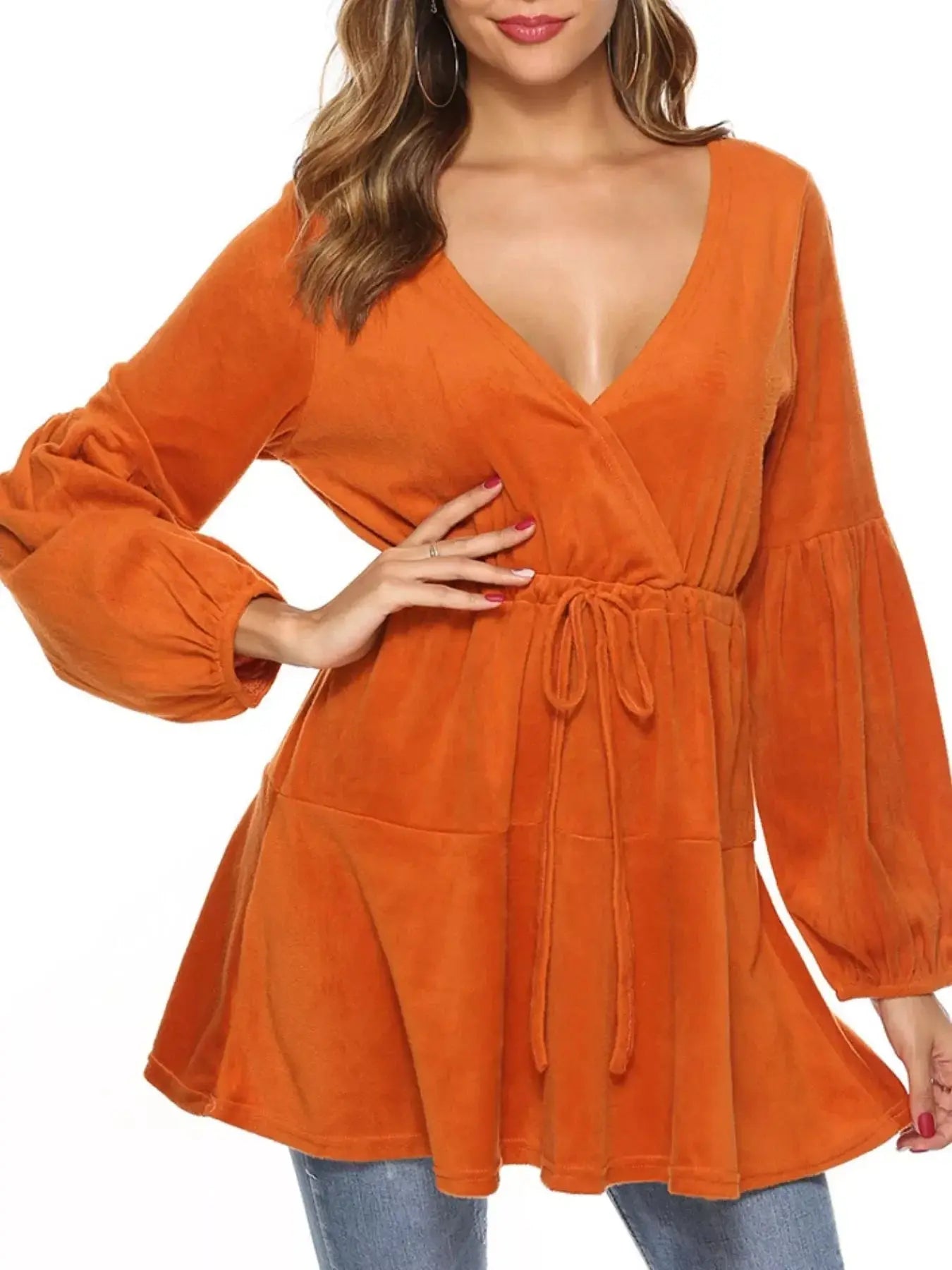 Velvet Long Sleeve Drawstring Blouse Simply Love