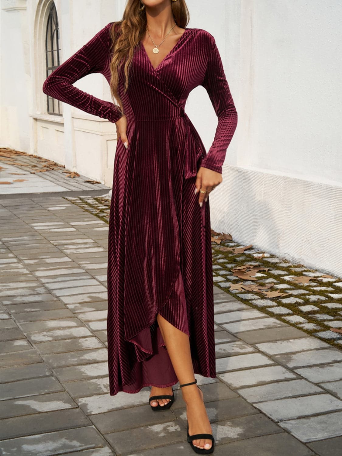 Split Surplice Long Sleeve Midi Dress.