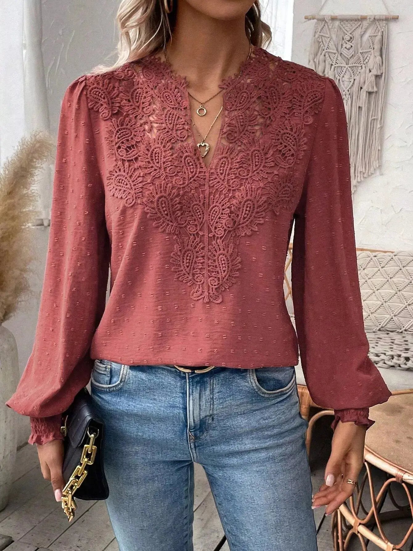 Lace Trim Long Sleeve Blouse Simply Love