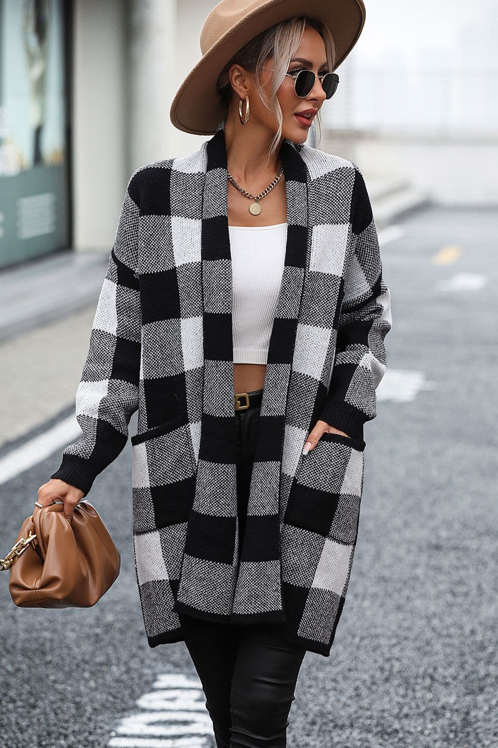 Plaid Dropped Shoulder Cardigan with Pocket.