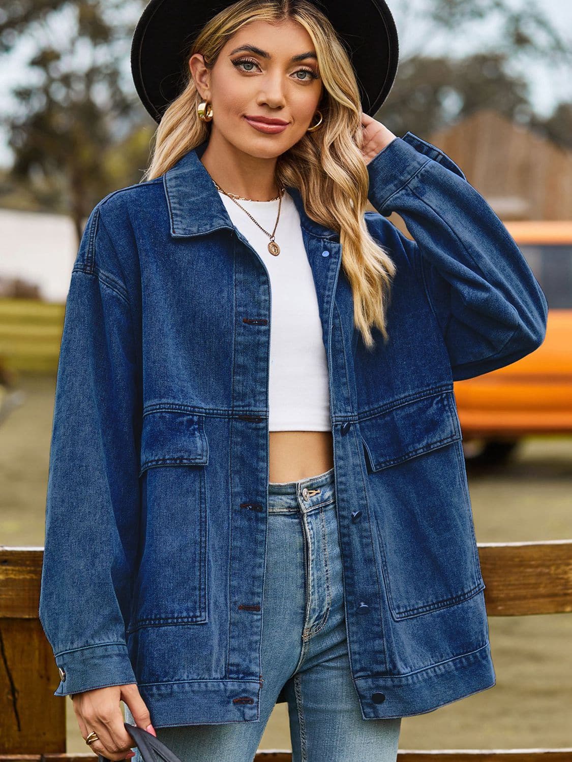 Dropped Shoulder Denim Jacket with Pockets.