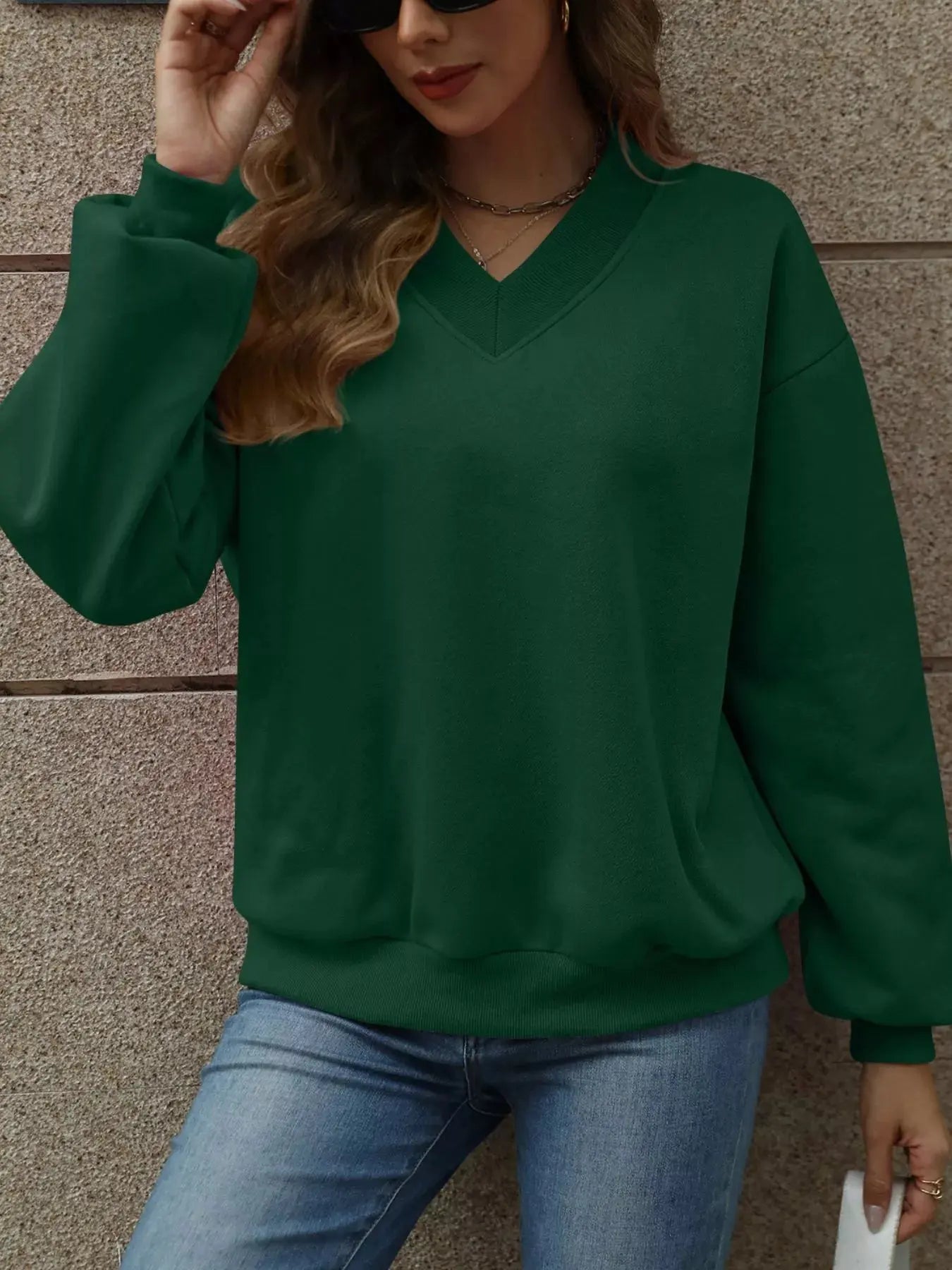 V-Neck Solid Color Casual Sweatshirt Simply Love