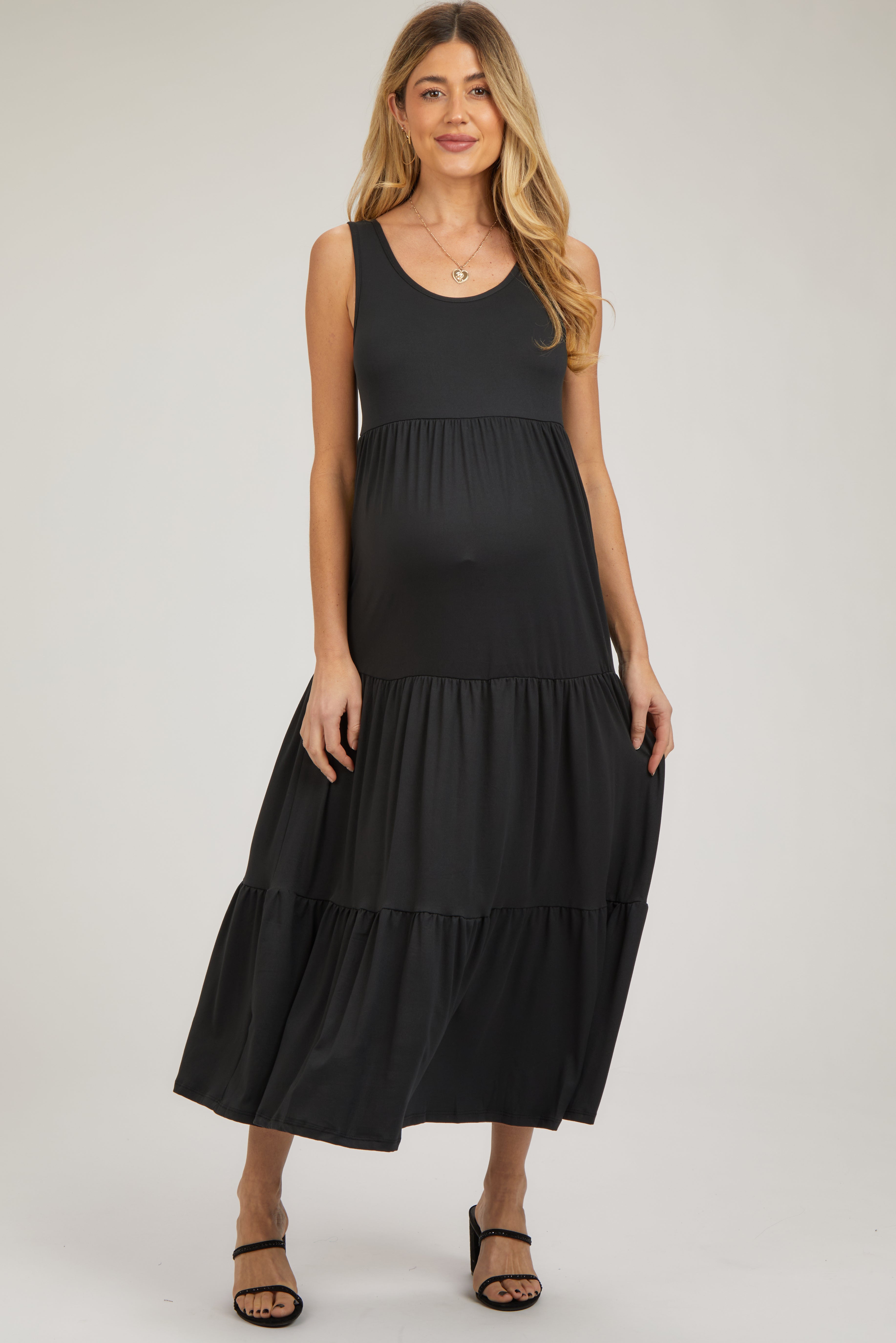 PinkBlush Black Sleeveless Scoop Back Tiered Maternity Maxi Dress, a full view for expecting mothers.