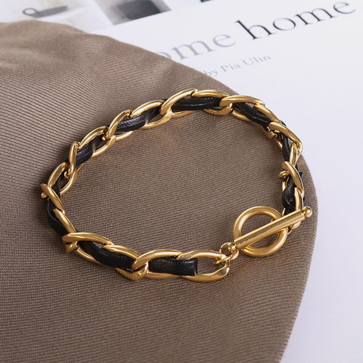 18K Gold-Plated Leather Chain Bracelet.