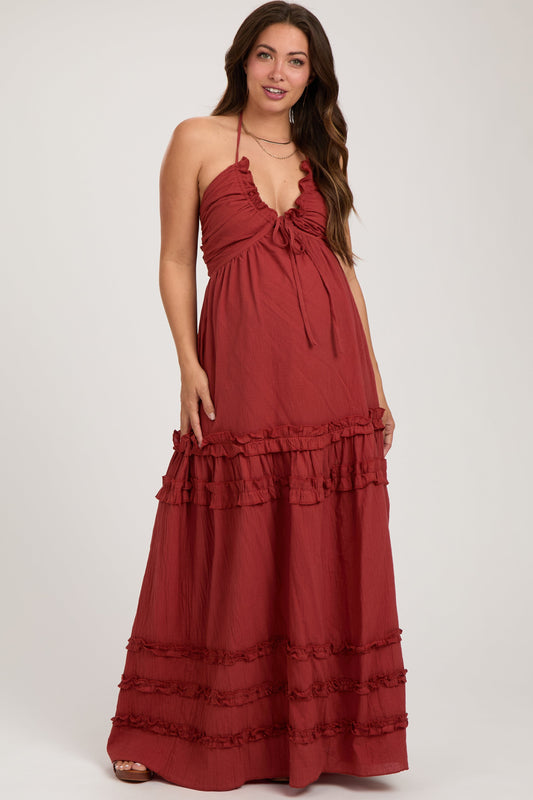 Rust Ruffle Ruched Deep V-Neck Maternity Maxi Dress PinkBlush