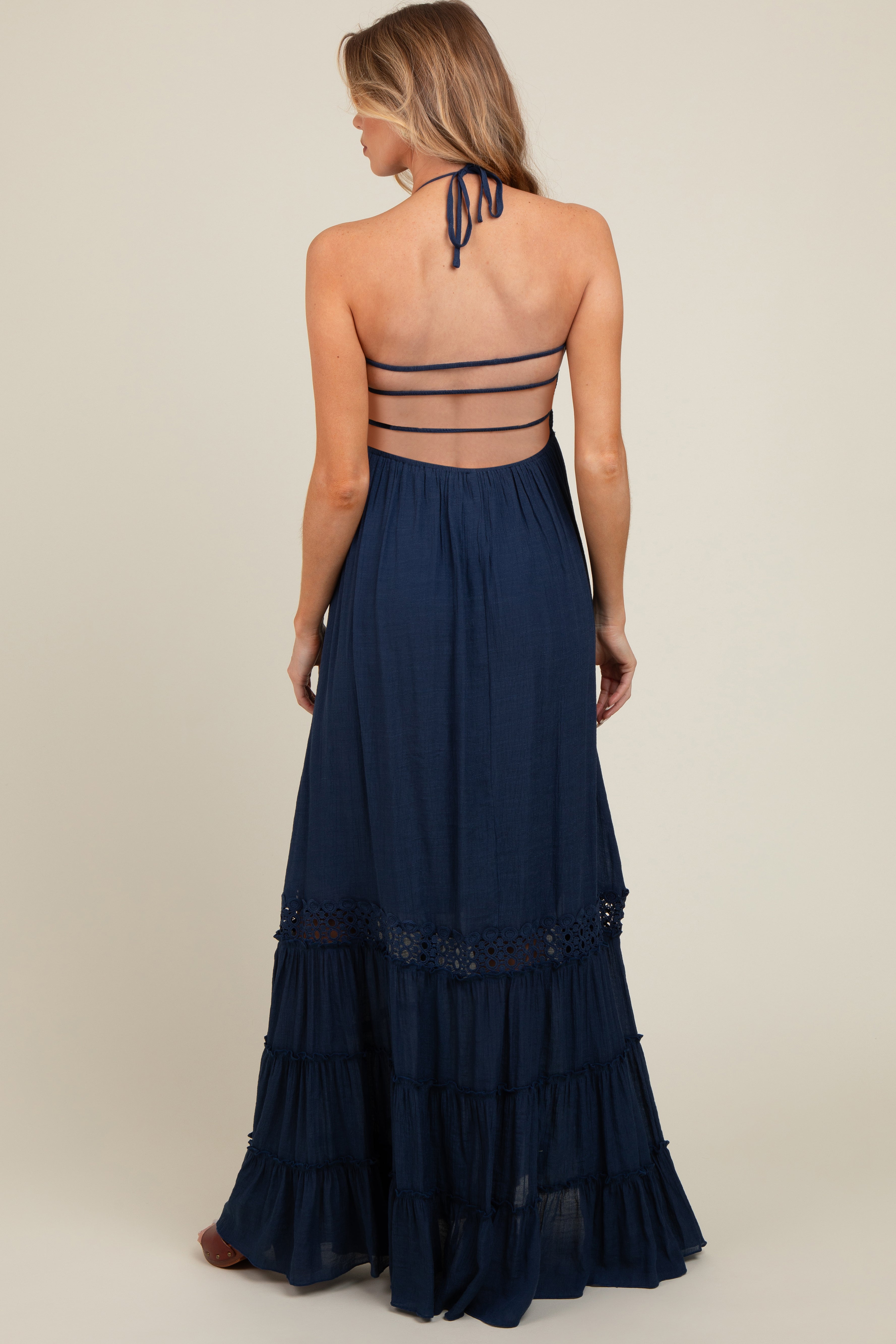 Navy Smocked Open Back Maternity Maxi Dress PinkBlush