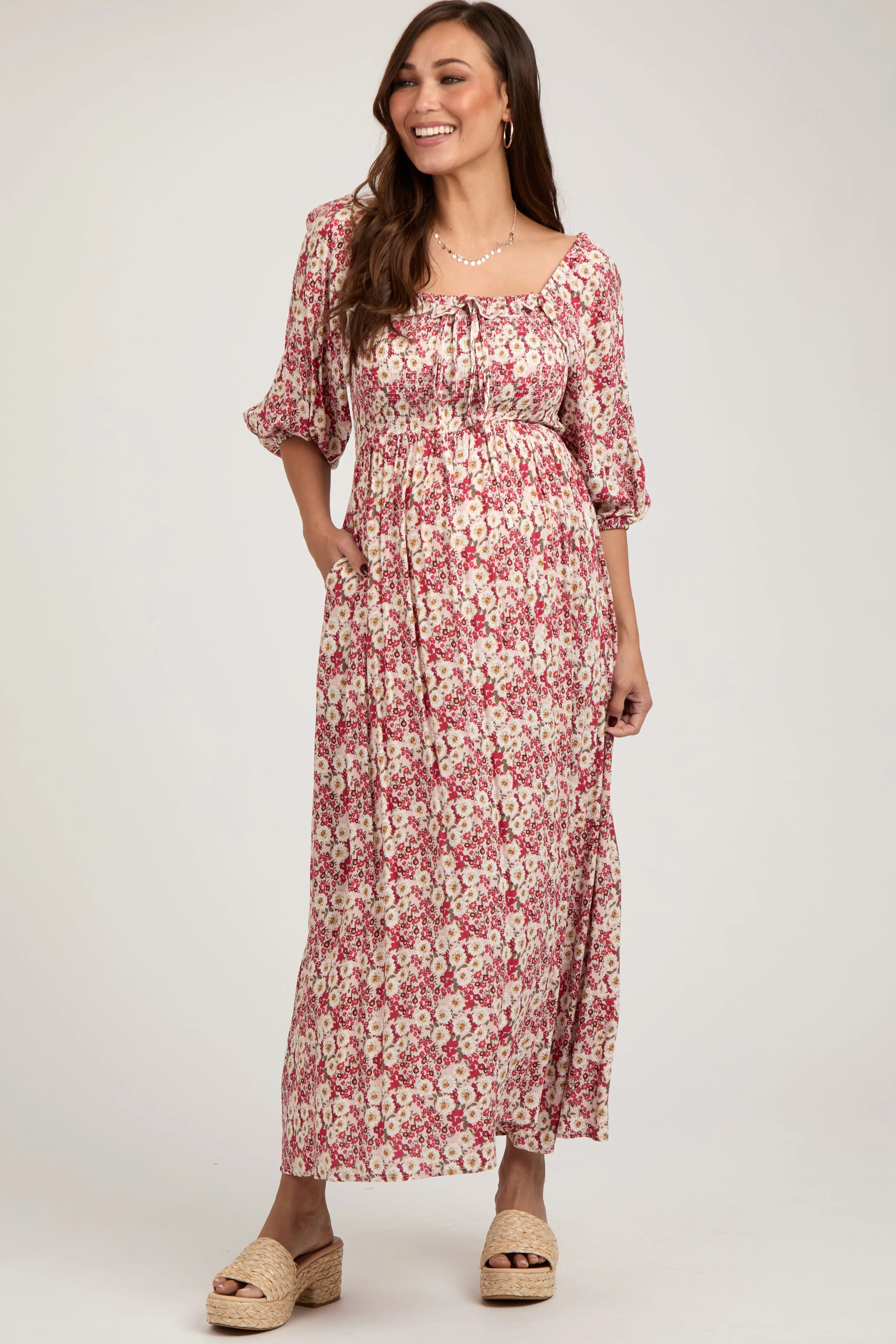 Red Abstract Floral Smocked Maternity Maxi Dress PinkBlush